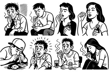 People struggling with drug addiction in retro cartoon style, Transparent Background