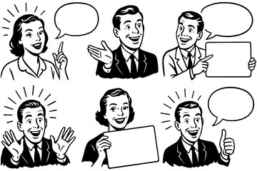 Retro cartoon characters with blank signs and speech bubbles, Transparent Background