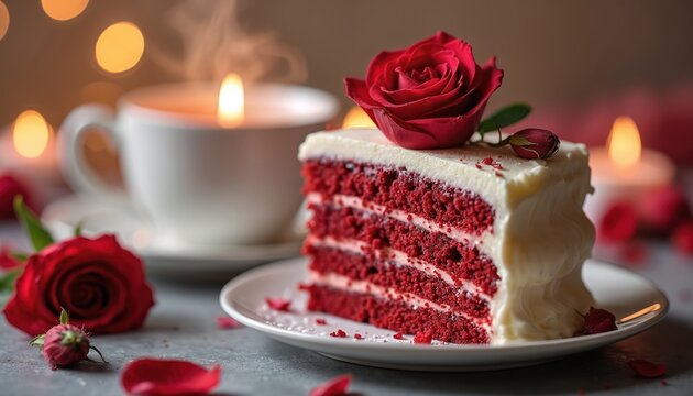 Slice of red velvet cake with creamy frosting and fresh rose garnish. Served with a steaming teacup and romantic candlelight. Perfect for Valentine Day, anniversaries, or special celebrations.