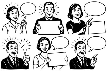 Retro cartoon characters with blank signs and speech bubbles, Transparent Background