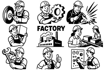 Factory workers performing industrial tasks in retro cartoon style, Transparent Background