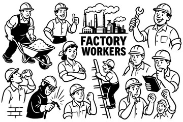 Factory workers performing industrial tasks in retro cartoon style, Transparent Background