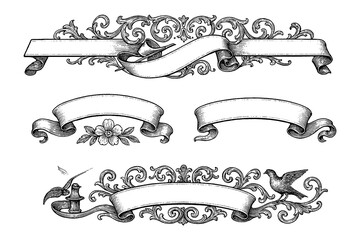 Vintage decorative banners and floral frames in engraving style, Transparent Background