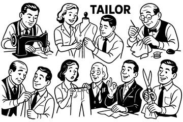 Retro cartoon tailors sewing and designing clothes in vintage comic style, Transparent Background