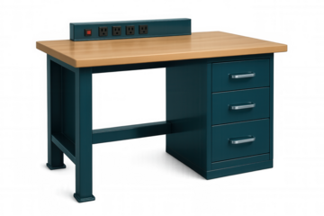 Metal-framed wooden workbench with integrated power strip, offering sturdy workspace for industrial workshops, featuring convenient storage drawers