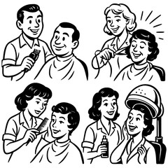 Retro cartoon barbers and hairstylists working in vintage comic style, Transparent Background