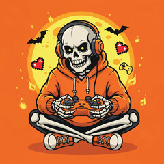Cartoon skeleton gamer with headphones playing video games.