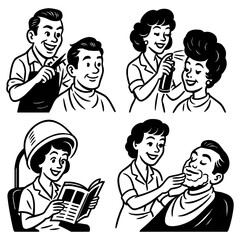 Retro cartoon barbers and hairstylists working in vintage comic style, Transparent Background