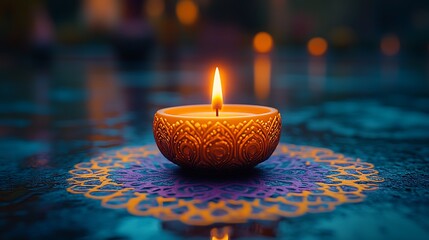 Single lit ornate orange candle on a blue surface with purple mandala pattern flame light
