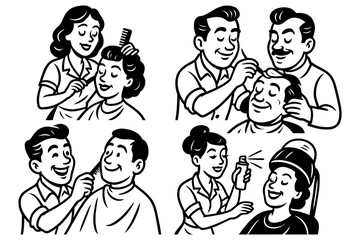 Retro cartoon barbers and hairstylists working in vintage comic style, Transparent Background