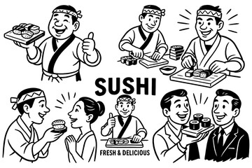 Retro cartoon sushi chefs and customers eating at sushi bar in vintage comic style, Transparent Background