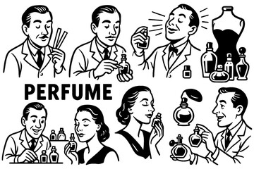 Retro cartoon perfumery workers mixing and testing fragrances in vintage comic style, Transparent Background