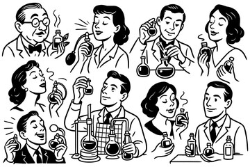 Retro cartoon perfumery workers mixing and testing fragrances in vintage comic style, Transparent Background