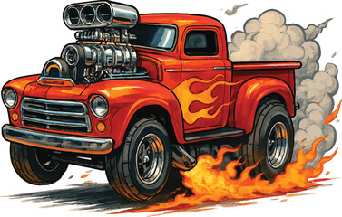 Vintage red hot rod pickup truck with flames and a supercharger emitting smoke and fire retro © saju