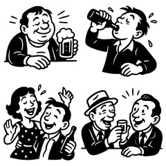Retro cartoon people drinking alcohol and showing tipsy expressions in vintage comic style, Transparent Background