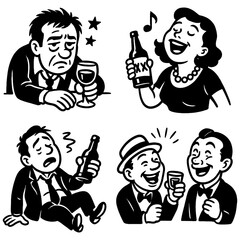Retro cartoon people drinking alcohol and showing tipsy expressions in vintage comic style, Transparent Background