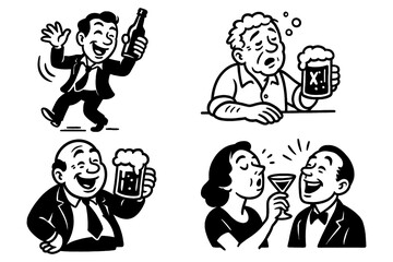 Retro cartoon people drinking alcohol and showing tipsy expressions in vintage comic style, Transparent Background