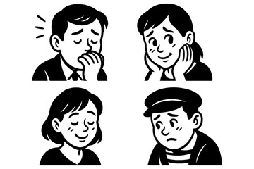 Retro cartoon people showing sad and worried expressions in vintage comic style, Transparent Background