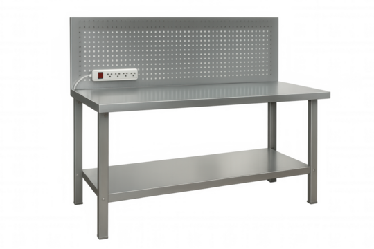Modern stainless steel workbench featuring a pegboard, power strip, and transparent background, ideal for various workshop or industrial settings