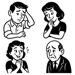 Retro cartoon people showing sad and worried expressions in vintage comic style, Transparent Background