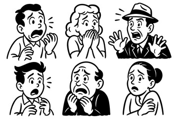 Retro cartoon people showing shocked and scared expressions in vintage comic style, Transparent Background