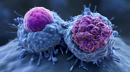 Two white blood cells interacting, one showing signs of irregular growth, possibly representing a cancerous or diseased cell in a microscopic view