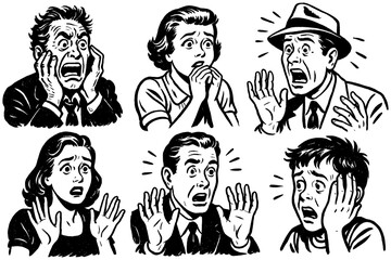 Retro cartoon people showing shocked and scared expressions in vintage comic style, Transparent Background