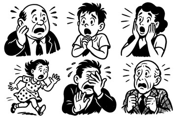 Retro cartoon people showing shocked and scared expressions in vintage comic style, Transparent Background