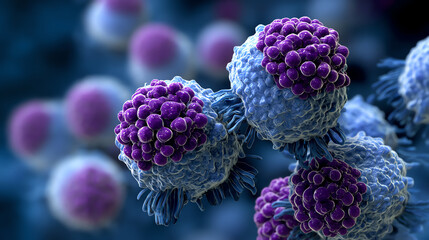 Close-up 3D rendering of immune cells with purple receptors engaging in cellular interaction, showcasing detailed surface texture and molecular complexity in a biological environment