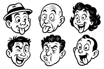 Retro cartoon faces showing funny expressions in vintage comic style, Transparent Background