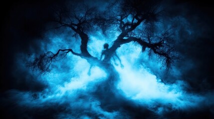 Eerie spectral figure clings to a skeletal tree amidst a blue, misty night