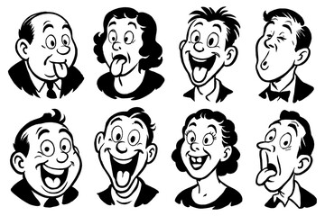 Retro cartoon faces showing funny expressions in vintage comic style, Transparent Background