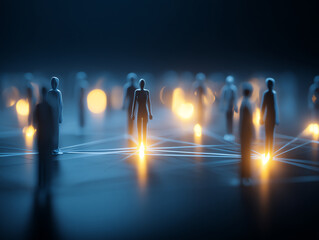 Abstract digital network of human figures connected by glowing nodes, symbolizing social connections, communication, and technology in a futuristic blue and orange color scheme