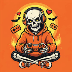 A skeleton wearing headphones and an orange hoodie plays a video game with a controller, surrounded by pixelated hearts, bats, and flames.