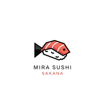 Mira Sushi Sakana logo design featuring a stylized fish shaped like a piece of sushi.