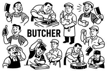 Retro cartoon butchers cutting meat and preparing products in vintage comic style, Transparent Background