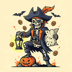 A cartoon skeleton pirate holding a glowing lantern and a treasure map, standing on a pumpkin surrounded by bats, gold coins, and small flames.