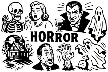 Hand drawn vintage horror illustrations with spooky characters and classic monsters, Transparent Background