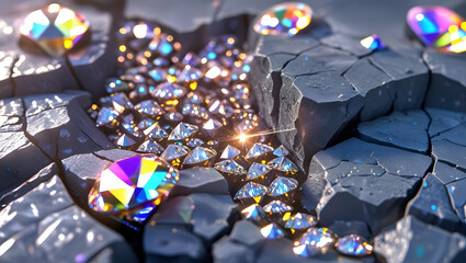 Unearth a treasure trove of dazzling diamonds nestled in rugged rock formations, sparkling with brilliance and allure