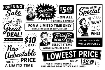 Fototapeta premium Hand drawn retro sale banners and special offer typography set, Transparent Background