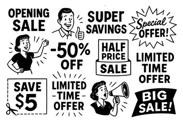 Hand drawn retro sale banners and special offer typography set, Transparent Background