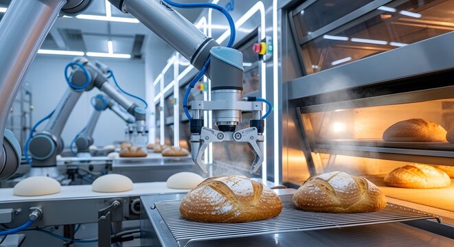 Interior bakery modern Automated bread making with robotic arms for efficiency