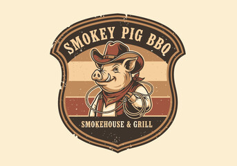 A vintage-style logo for Smokey Pig BBQ Smokehouse & Grill featuring a cartoon pig in a cowboy hat and bandana.
