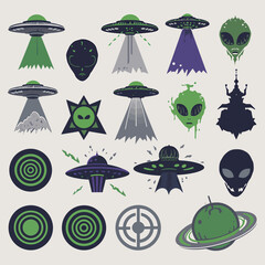 Dynamic collection of UFOs, alien faces, and futuristic elements ideal for sci-fi designs
