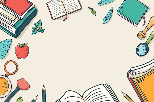 A colorful handdrawn border of school supplies like books, pencils, and a magnifying glass on a light background