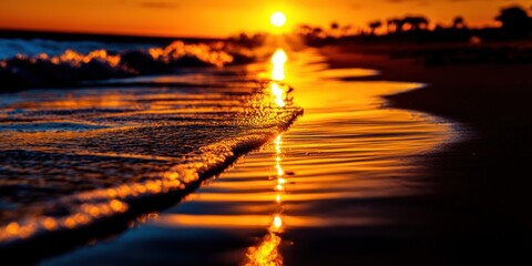 Sunset's golden light reflects on ocean waves gently lapping the shore.  Peaceful beach scene