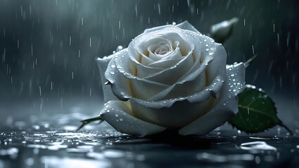 Elegant white rose glistening with raindrops showcasing resilience and beauty in nature's delicate embrace
