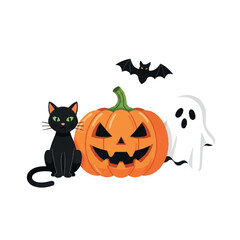 Fototapeta premium Spooky Halloween Trio: Black Cat Jack-o-lantern and Ghost with Bat.