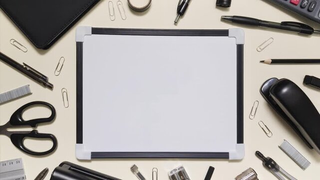 Monochrome stationery arranges around a whiteboard in stop motion with copy space on a light background