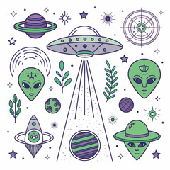 Whimsical alien and space-themed illustrations perfect for branding and cosmic design projects
